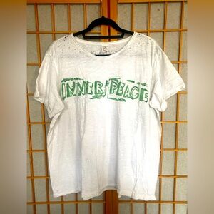 Magnolia Pearl white tee with Green Inner Peace Graphic